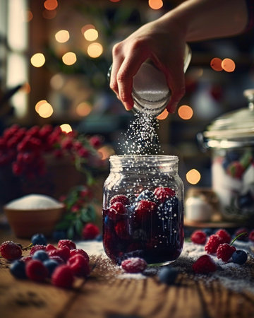 Woman sprinkling berries jam in glass jar with sugar on wooden tableの素材