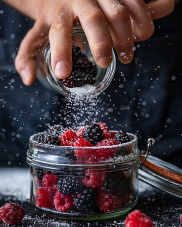 Close-up of male hands sprinkling blackberries and raspberries with sugar powderの素材