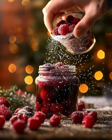 Homemade jam with raspberries and blueberries in a glass jarの素材