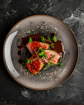 Smoked tuna steak with sauce on a dark background. Top viewの素材