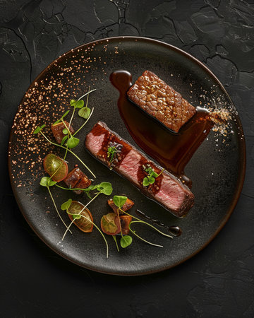 Beef tenderloin with spices and herbs on a black plateの素材