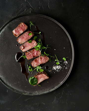 Grilled sirloin steak with herbs and spices on black background, top viewの素材