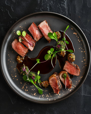 Sliced beef fillet medallions served as closeup on a modern design plateの素材