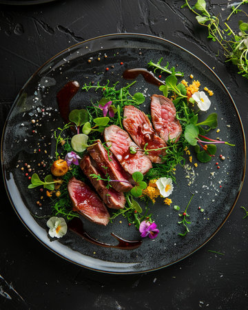 Slices of fresh raw beef meat with microgreens on black plate, top viewの素材