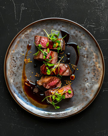 Beef steaks with herbs and balsamic vinegar on black background, top view.の素材