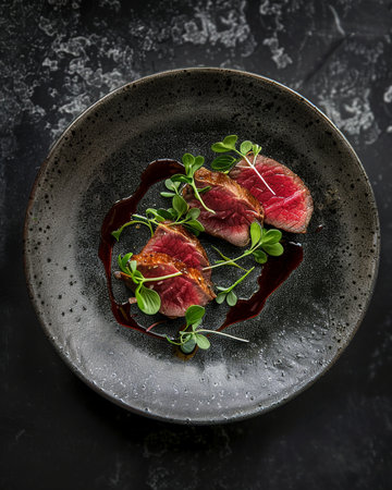 Sliced raw beef steak with balsamic vinegar as top view on a modern design plateの素材