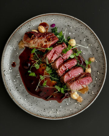 Beef sirloin steak with balsamic vinegar sauce and microgreensの素材