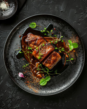 Roasted duck breast fillet with herbs and spices on a black plate. Top viewの素材