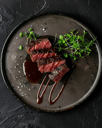 Grilled beef steak with sauce and microgreens on black background, top viewの素材