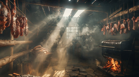Sausage in a smokehouse, smoke coming out of the ovenの素材