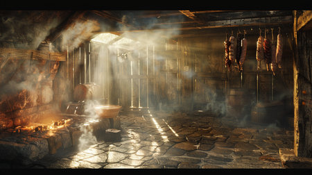 Hot sauna with smoke and steam in the old wooden house.の素材