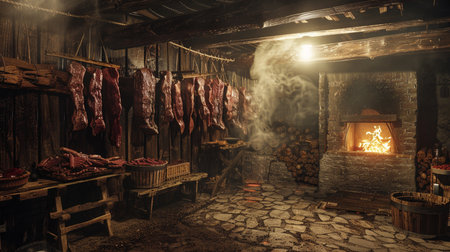 Dry cured meat in the fireplace of the old farmhouse.の素材