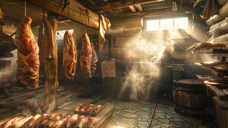 Traditional smoked sausages in a butcher shop in the village.の素材