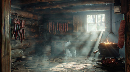 Traditional Polish cuisine in the village. Cooking sausages on fire.の素材