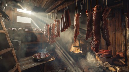 Smoked sausages hanging on the hook in the smokehouseの素材