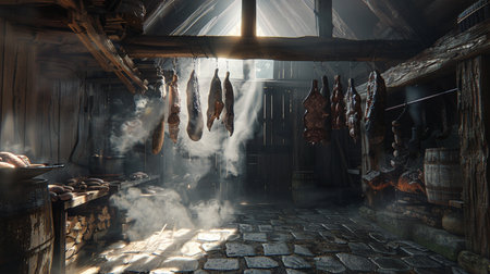 Hanging sausages in the old wooden house. 3d renderingの素材