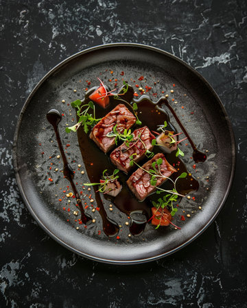 Beef steaks with herbs and sauce on black background, top viewの素材