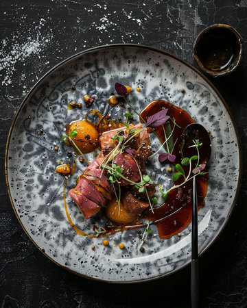 Roasted duck breast with vegetables and spices on dark background, top viewの素材