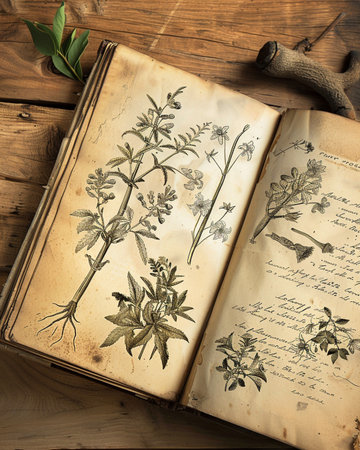 old book on a wooden table with plants and flowers, vintage styleの素材
