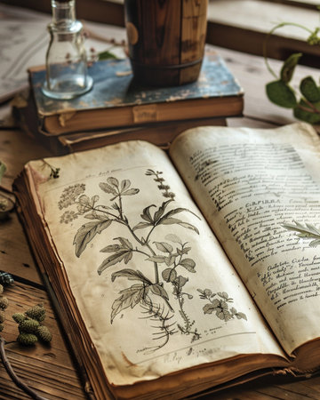 Old book with plants and herbs on wooden table. Toned.の素材