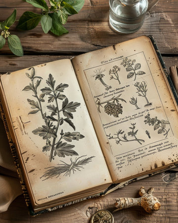 Old book with drawings of plants and herbs on a wooden table.の素材