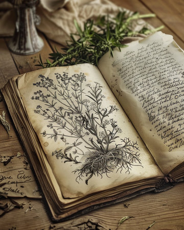 Old book with a drawing of herbs on a wooden background. Toned.の素材