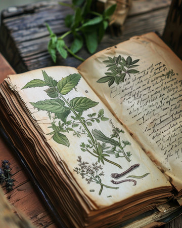 Old book with herbs on the wooden table, vintage style, selective focusの素材
