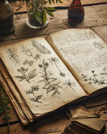 Old book with herbs on a wooden table. Vintage style toned pictureの素材
