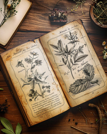 Old book with medicinal herbs on a wooden table. Vintage styles.の素材