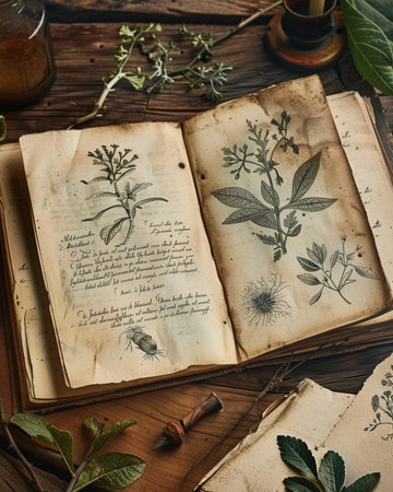 Antique book with floral decoration on wooden background. Top view.の素材