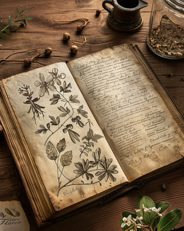 antique book on a wooden table with a vase of flowersの素材