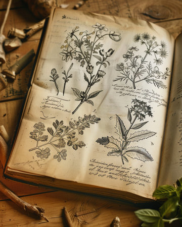 Old book with herbs on a wooden background. Vintage styles. Top view.の素材