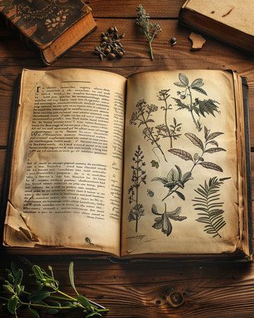Open old book with herbs on a wooden background. Toned.の素材