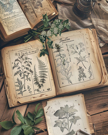 Vintage book pages with plants and flowers on wooden table. Top view.の素材