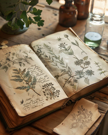 Vintage book with floral pattern on a wooden table in the interiorの素材