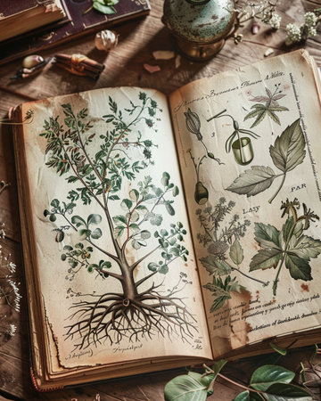 Old book with tree and roots on wooden table. Vintage styles.の素材