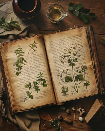 Old book with herbs and a cup of coffee on a wooden tableの素材