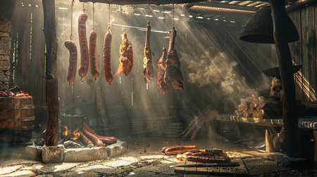 Sausages hanging on the fire in a traditional bazaar.の素材