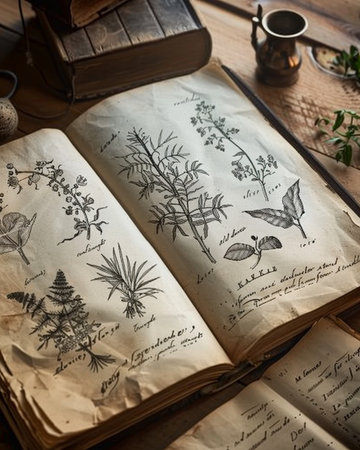 Vintage book with old books and plants on a wooden table.の素材