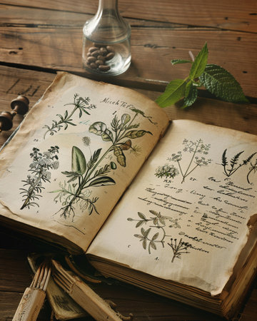 Old book with a picture of herbs and spices on a wooden tableの素材