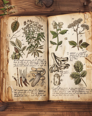 Old book with medicinal herbs and spices on wooden background. Vintage styles.の素材