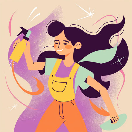 Vector illustration of a young woman cleaning the house. Housekeeping concept.の素材