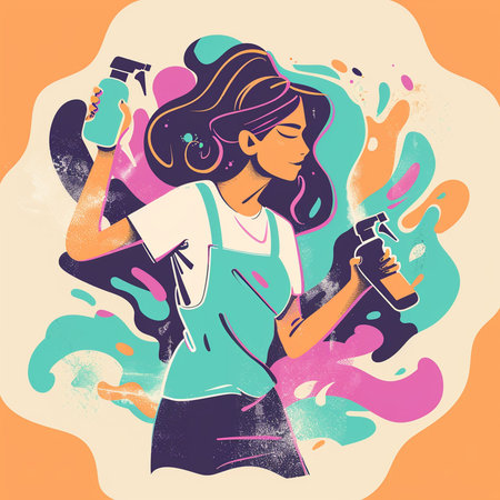 Vector illustration of a girl holding a bottle of detergent and a spray.の素材