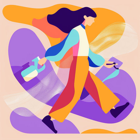 Vector illustration of a girl walking with a bottle of water in her handsの素材