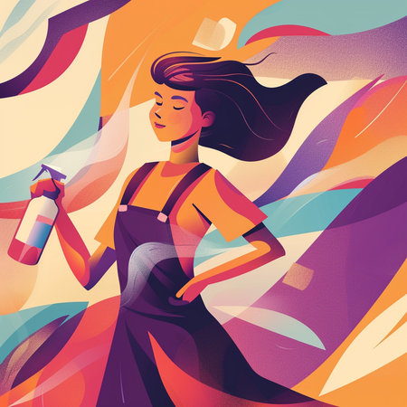 Vector illustration of a girl with a spray bottle in her hand.の素材