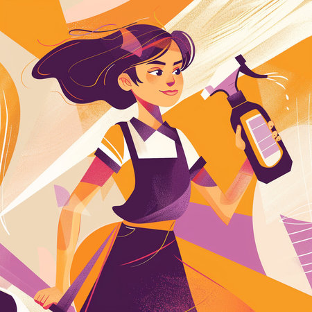 Vector illustration of a girl with a spray bottle and a sprayer.の素材