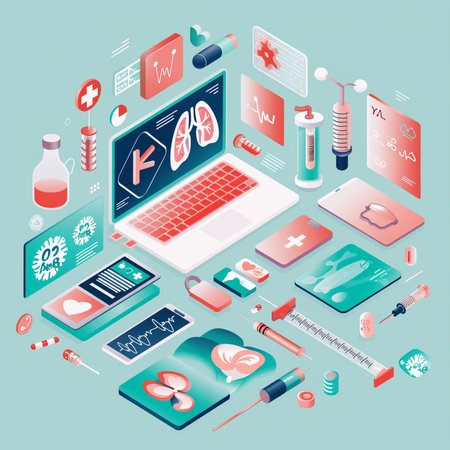 Laptop with medical icons on blue background. Isometric vector illustration.の素材