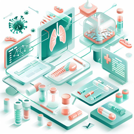 Isometric 3d vector illustration of a medical concept with human lungs, ampoules, test tubes, microscope, pills, syringe, tablet.の素材
