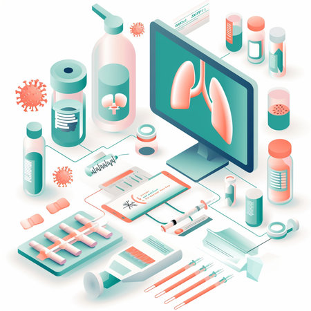 Isometric medical 3D concept vector illustration. Lungs, tablets, pills, syringe, ampoules, vials, thermometer, blood test.の素材
