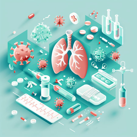Isometric flat 3D vector illustration of human lungs and virus.の素材